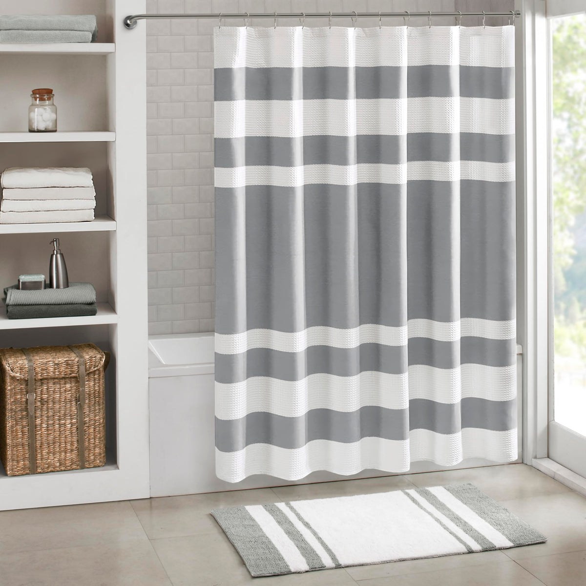 Madison Park spa waffle curtain gray stripe texture adds a calm spa feel to the bathroom