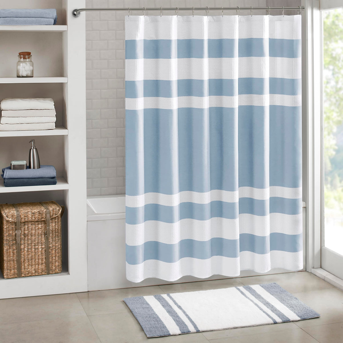 Madison Park Spa Waffle Curtain stripe design adds modern spa vibes