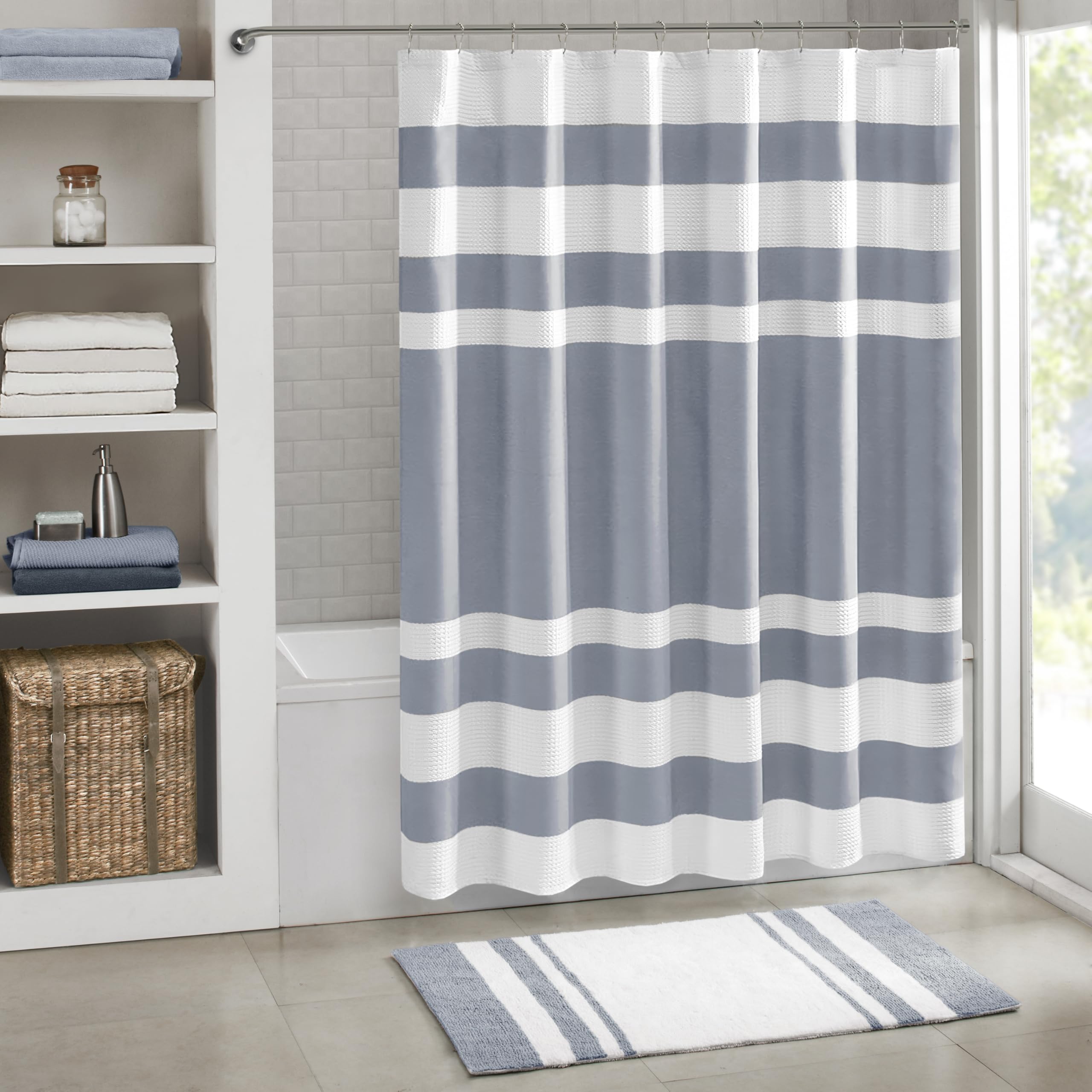 Madison Park Spa Waffle Shower Curtain Indigo Blue full view showing modern spa style for bathrooms