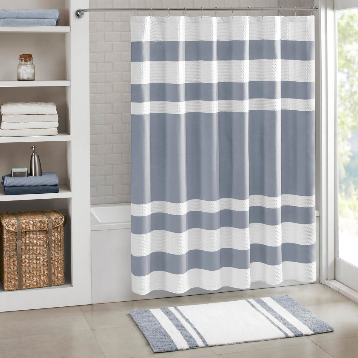 Madison Park Spa Waffle Shower Curtain Indigo Blue full view showing modern spa style for bathrooms