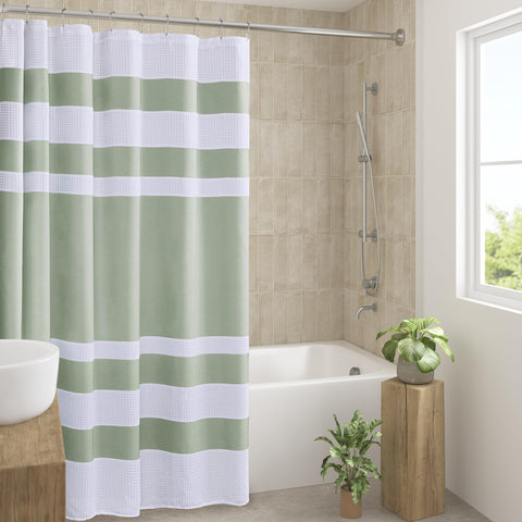 Madison Park spa waffle shower curtain in sage green 72x72 for privacy and style.