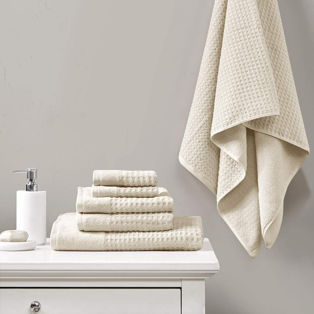 Close-up of waffle weave texture for soft, luxurious touch.