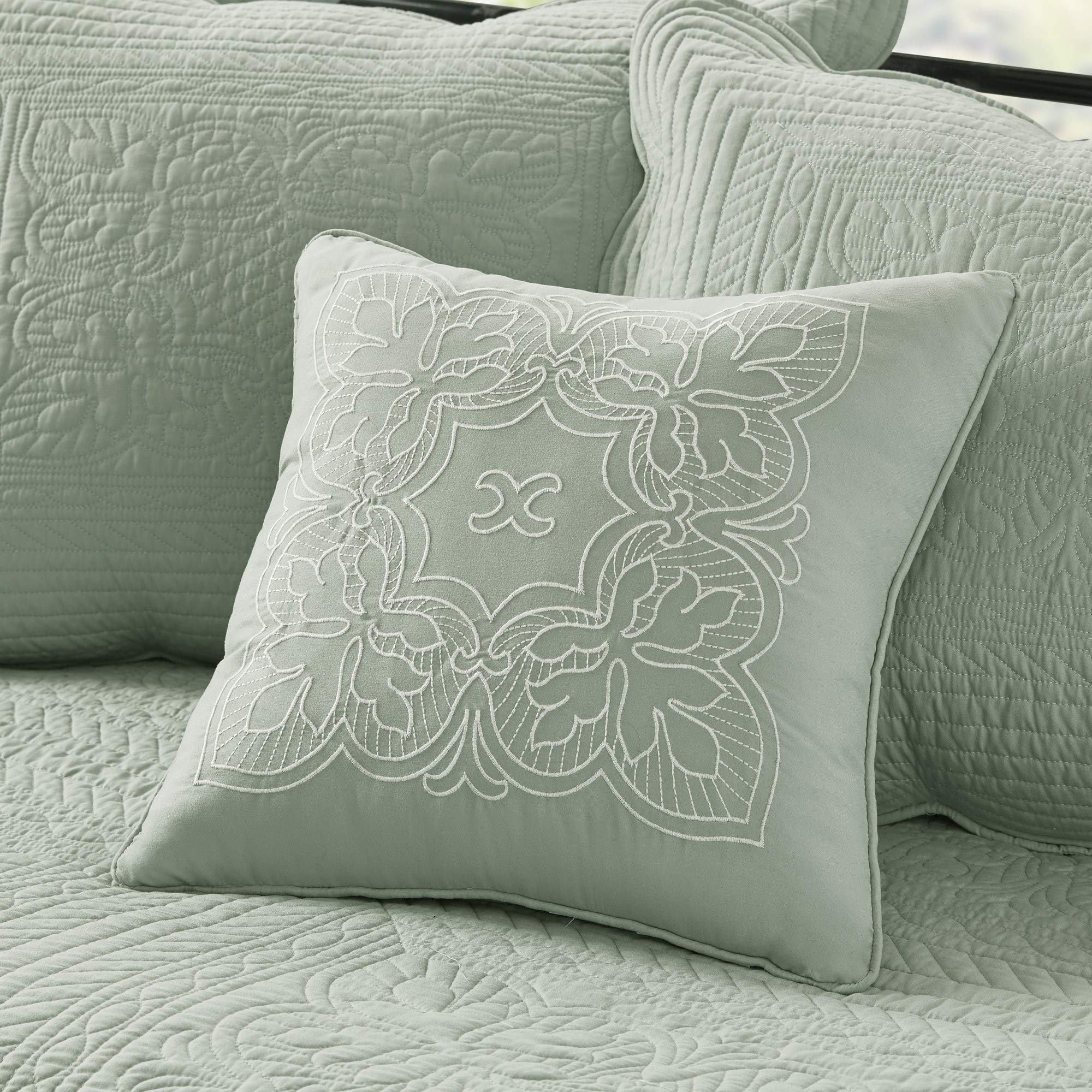 Madison Park Tuscany bedskirt detail complements the damask quilted look.