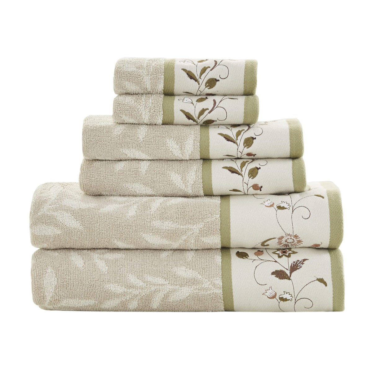 Madison Park Serene bath towels feature jacquard leaf pattern and embroidered hem for elegant bathroom decor