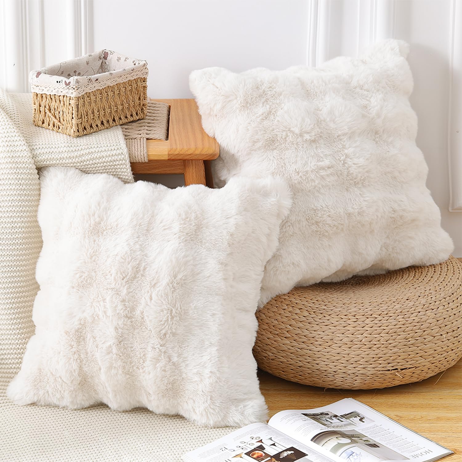 MADIZZ cream pillow cover on sofa showcases luxurious plush feel and easy styling.