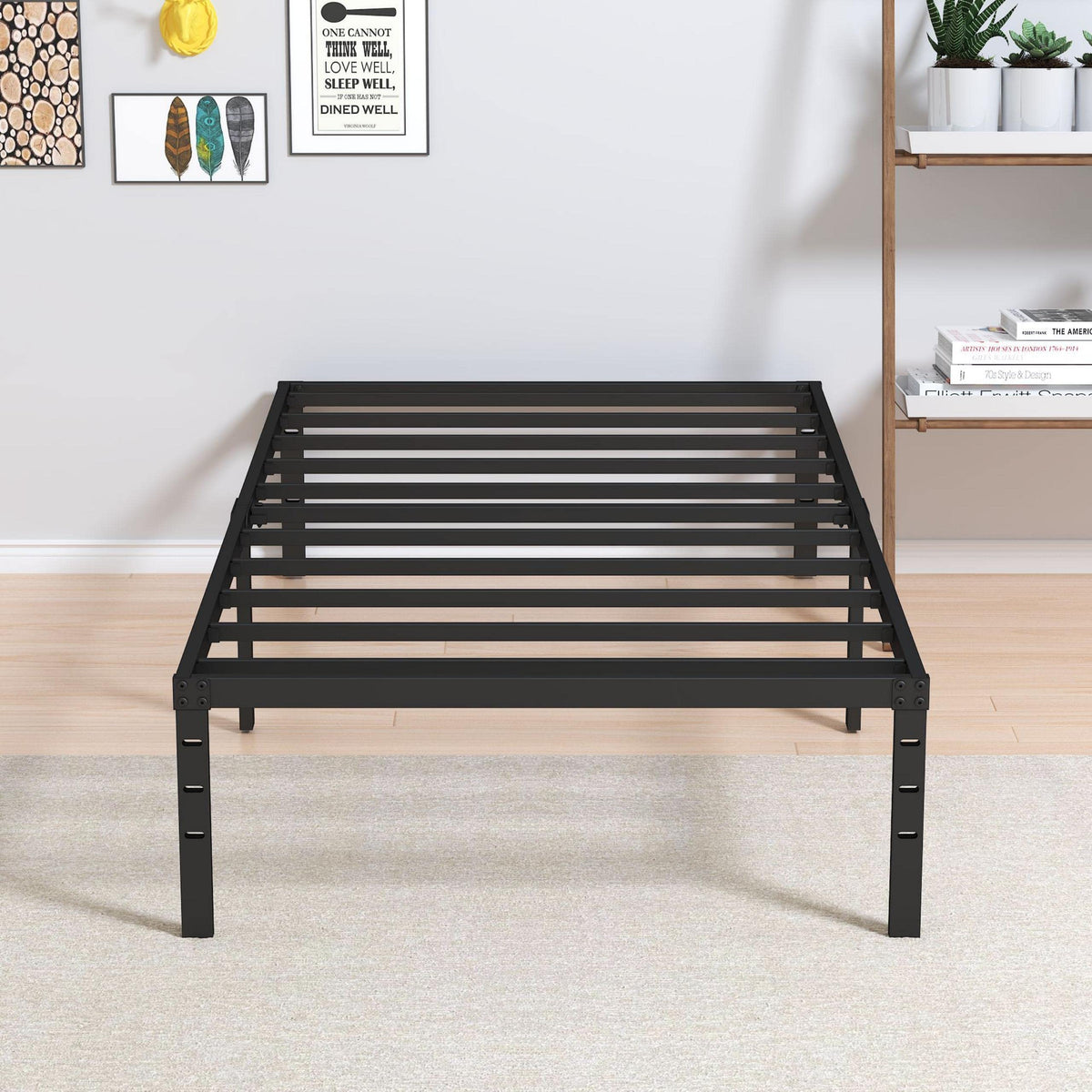 Maenizi Twin XL bed frame assembly view showing six-point stability for steady support