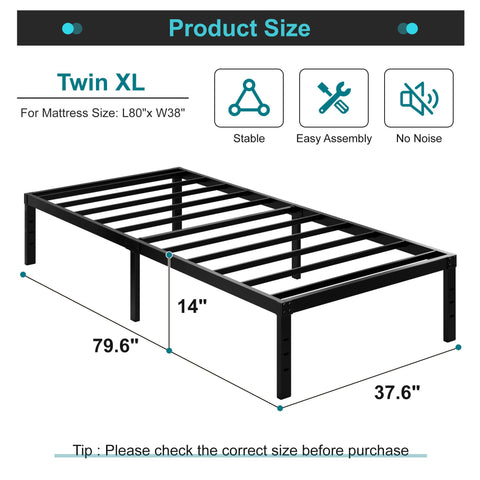 Maenizi Twin XL bed frame side view emphasizing durable metal construction