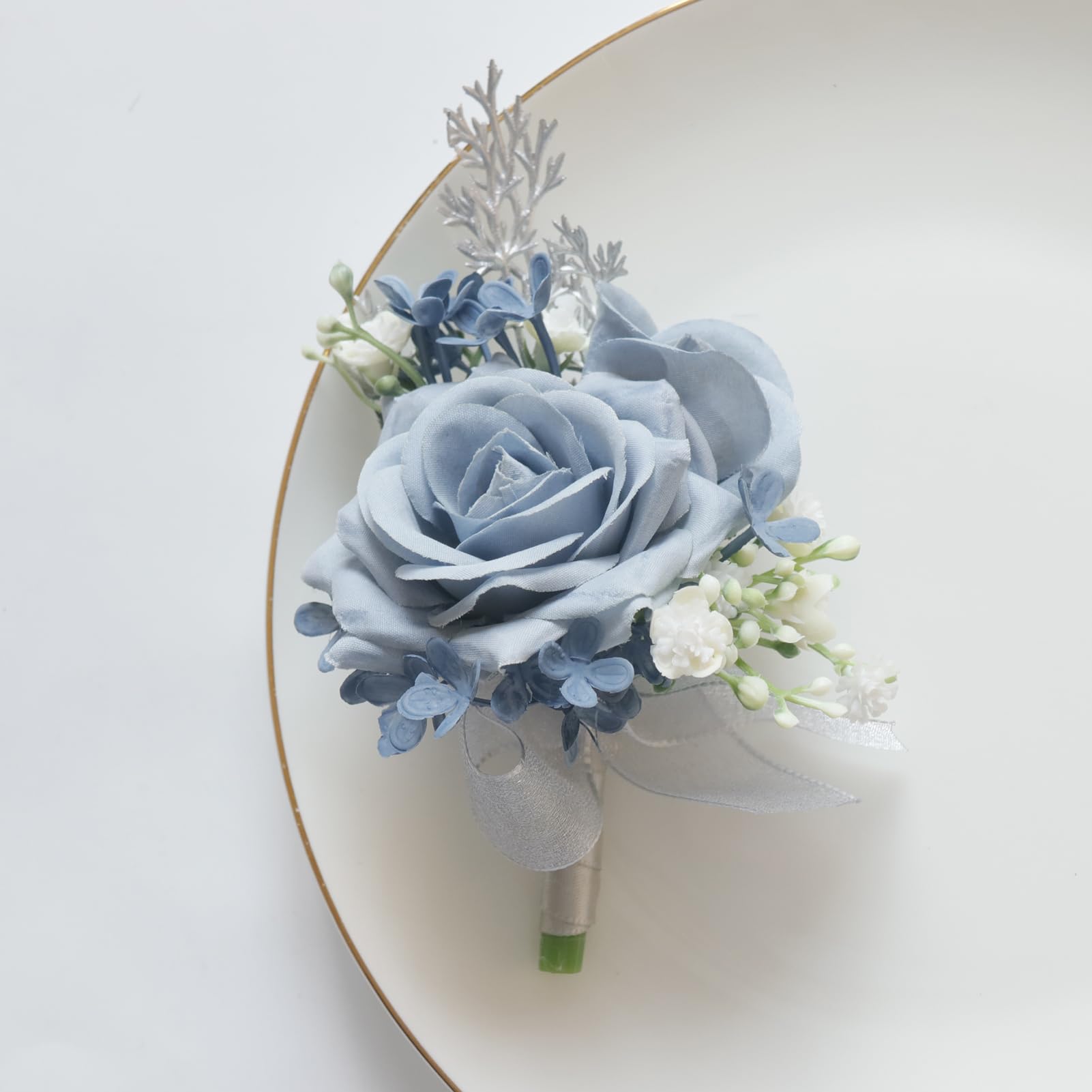 MAFELOE boutonniere dusty blue closeup showing secure pin and clip back