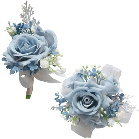 MAFELOE wrist corsage dusty blue closeup with lifelike petals for lasting wedding charm