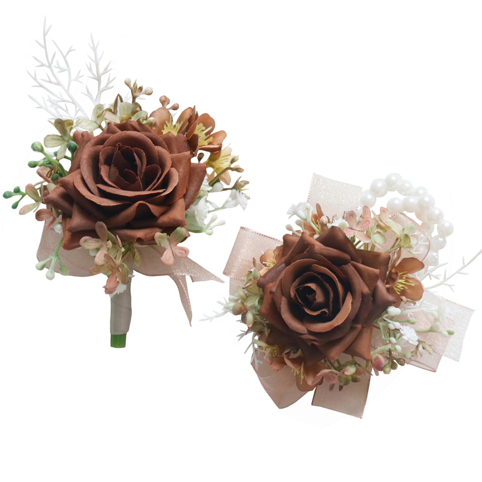 MAFELOE corsage and boutonniere brown close-up showing premium handmade detail for weddings