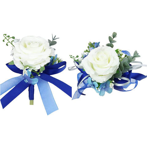 MAFELOE wrist corsage: blue and white artificial rose with adjustable fit