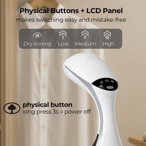 Mafilise Steamer offers 3 steam settings for delicate to heavy fabrics.
