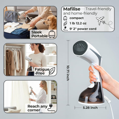 Mafilise Steamer supports upright and flat steaming for versatile garments.