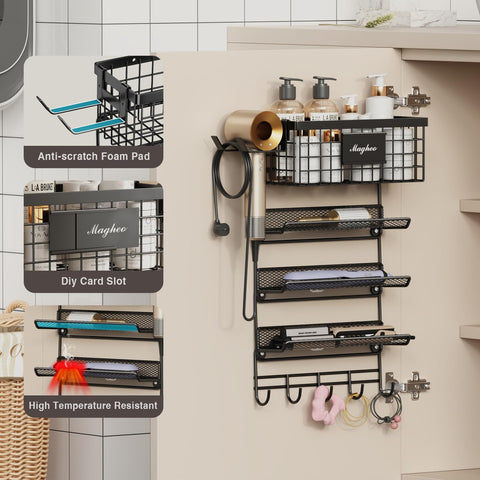 Magheo 5-tier hair-tools shelf with basket provides easy access to brushes and straighteners.