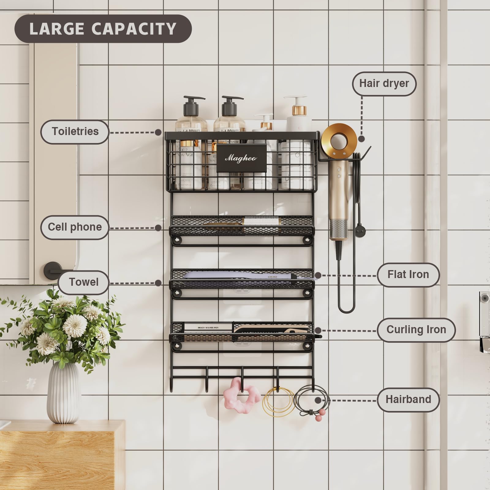 Magheo carbon steel wall organizer anti-rust coating offers durable, heat-friendly storage in damp bathrooms.