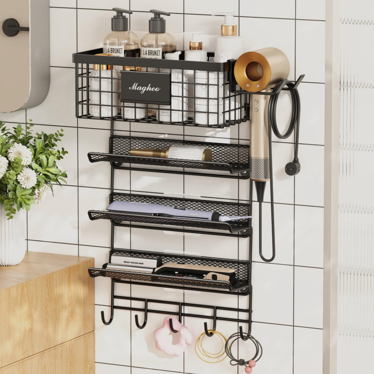 Magheo hair-dryer holder wall mount Dyson-compatible keeps tools organized for quick grooming.