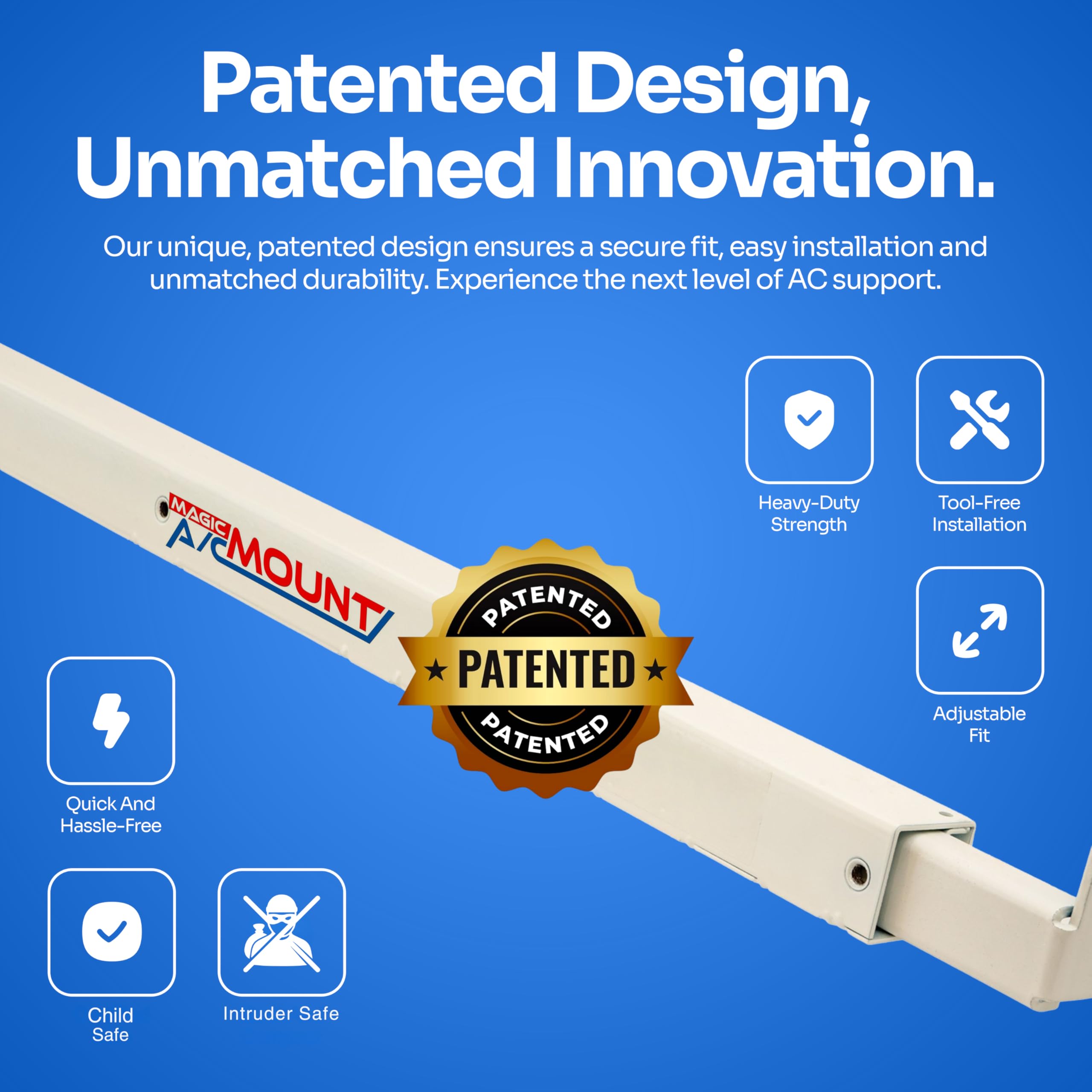 MAGIC A/C MOUNT supports up to 220 lbs in rust-resistant steel