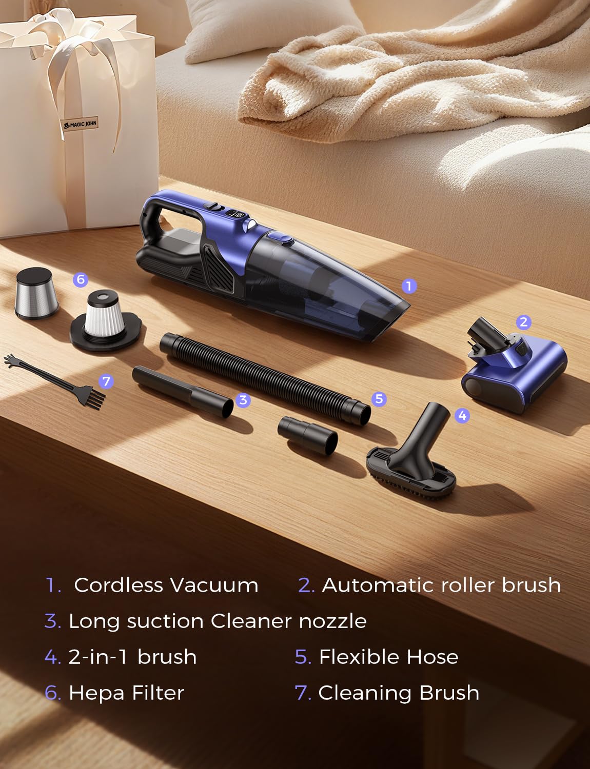 Magic John Pet Vac accessories enable car, couch, and keyboard cleaning