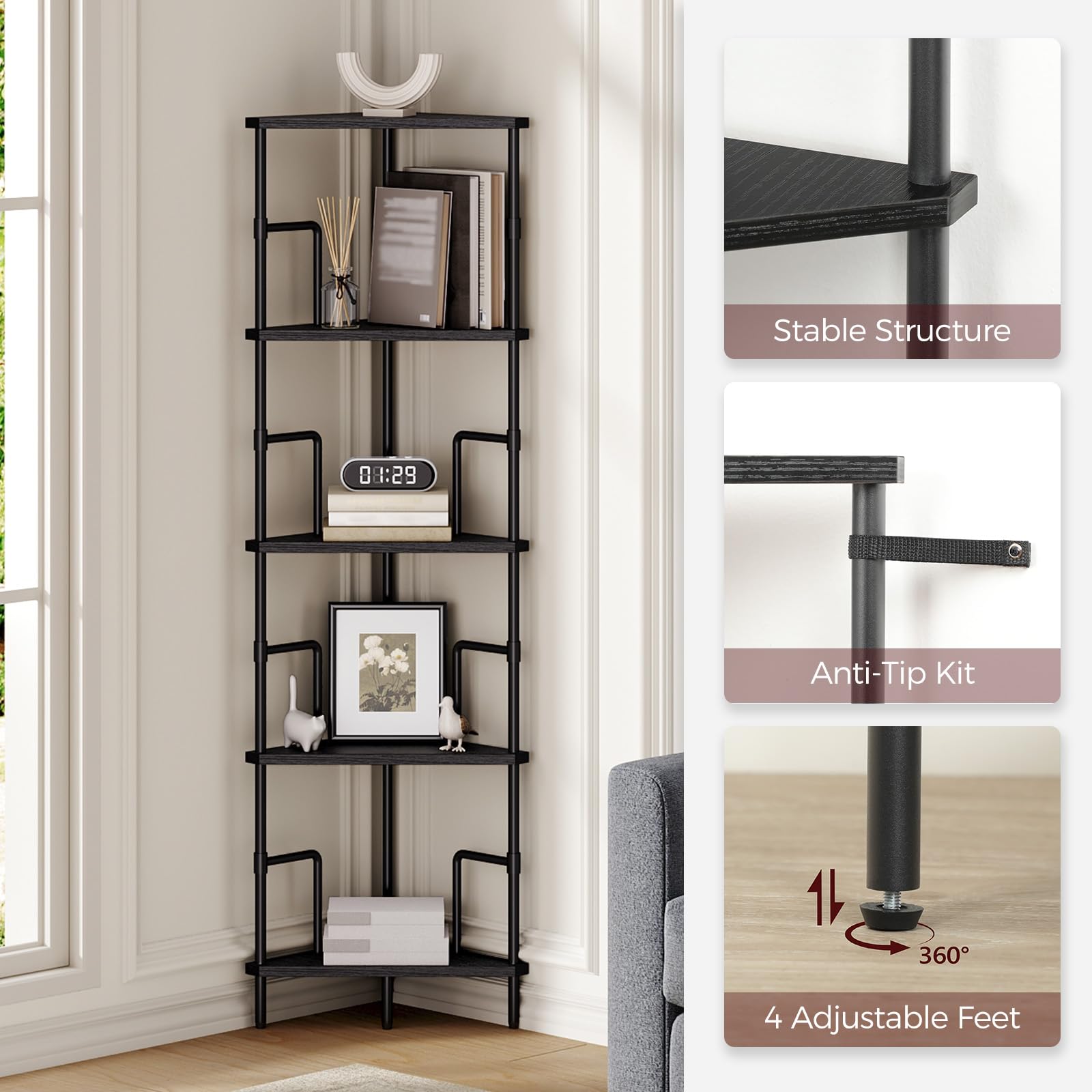 MAHANCRIS 52-8 inch corner shelf fits tight corners in living rooms