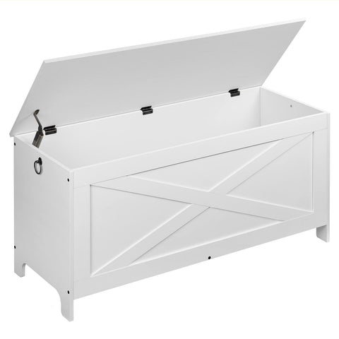 MAHANCRIS 39.4-inch toy chest with white barn-door panels offers versatile living room storage.