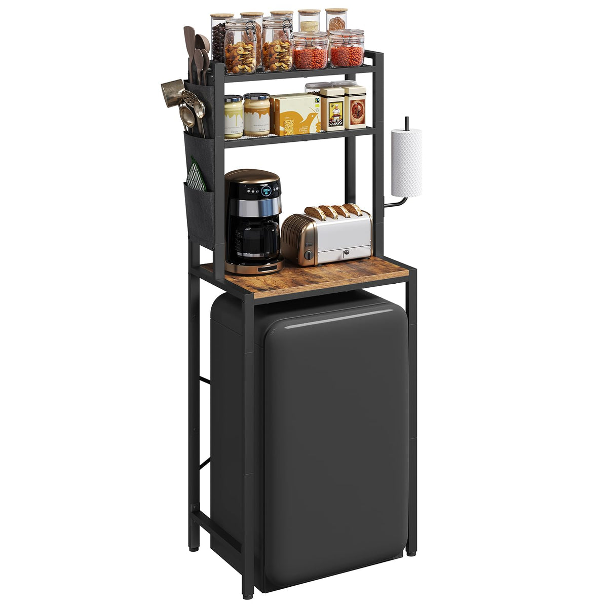 MAHANCRIS Bakers Rack mini-fridge shelf demonstrates space-saving design for compact kitchens