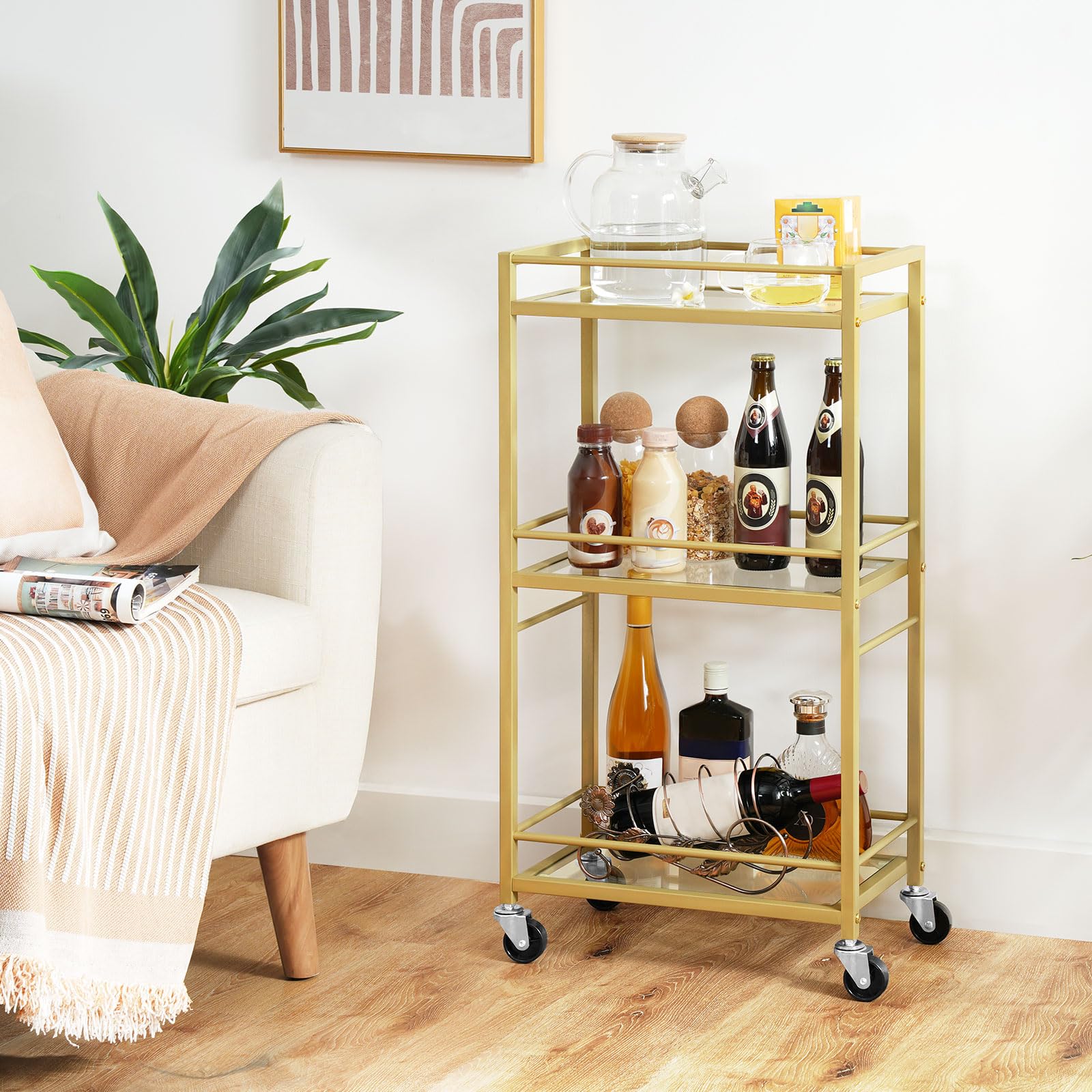 MAHANCRIS bar cart with gold frame and three-tier shelves for elegant entertaining.