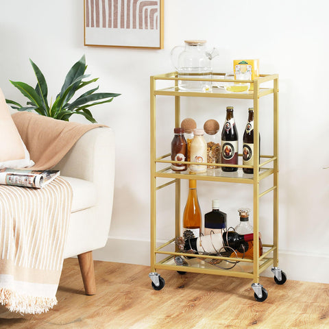 MAHANCRIS bar cart with gold frame and three-tier shelves for elegant entertaining.