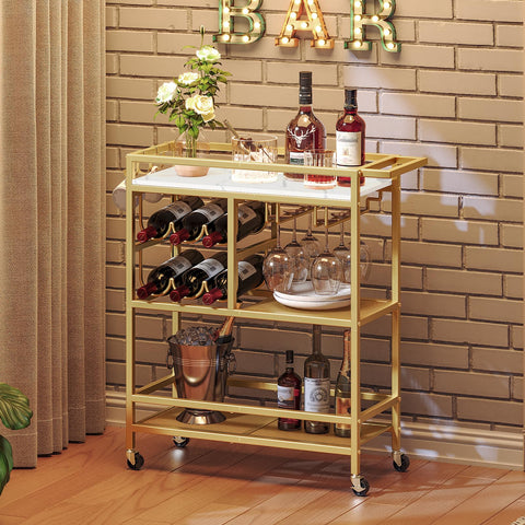 Mahancris bar cart with 3-tier wheels for easy mobile serving.