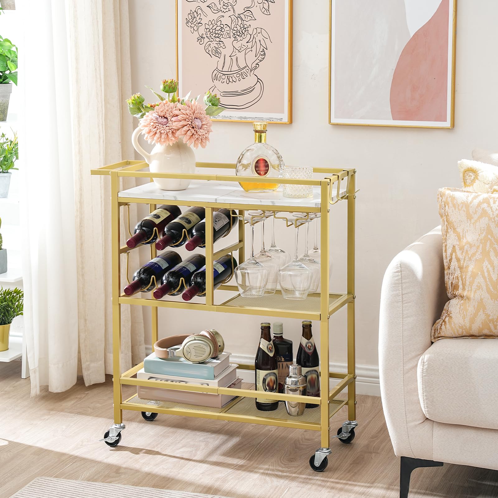 Mahancris bar cart anti-drop fence enhances stability while entertaining.