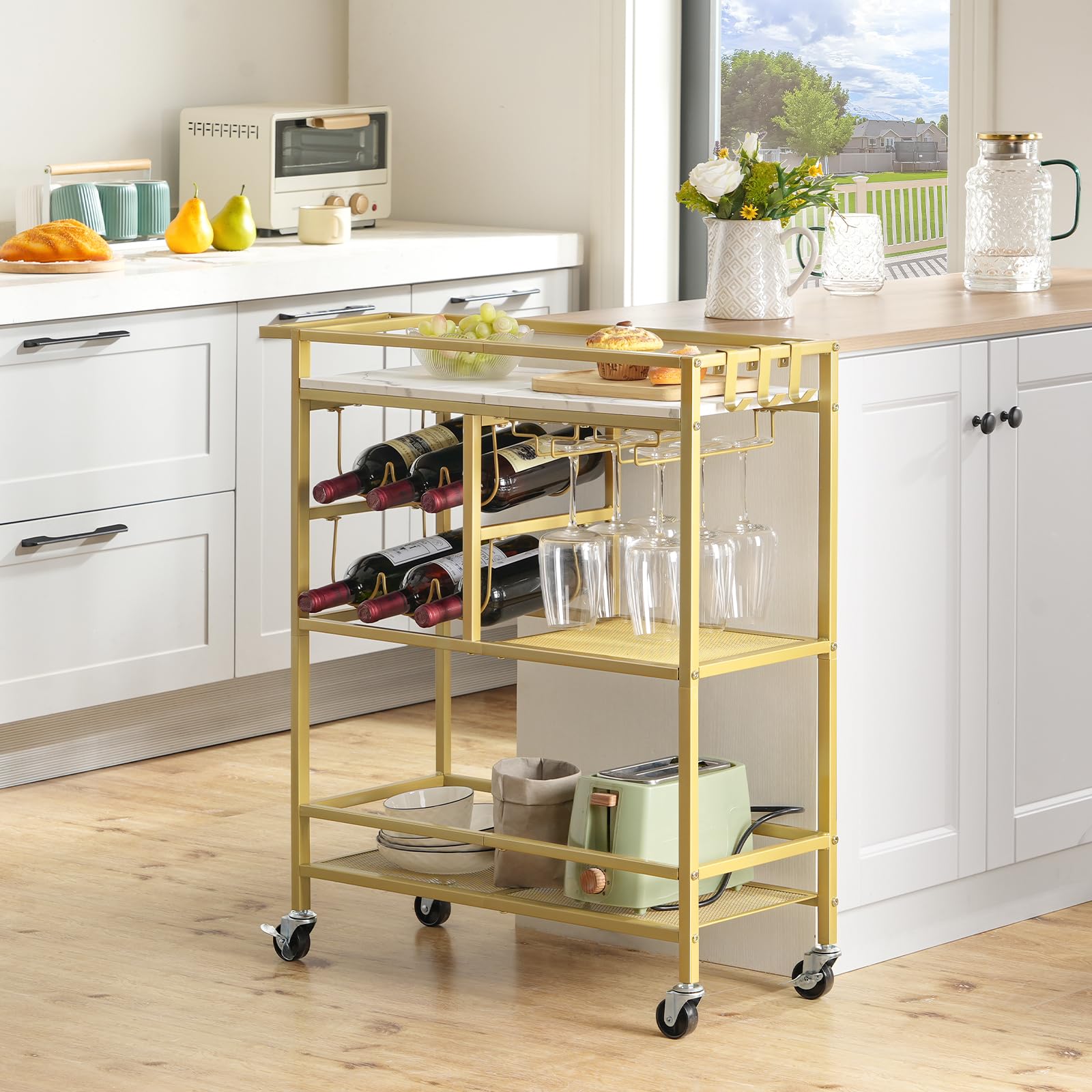 Mahancris bar cart with brakes on casters for secure placement.
