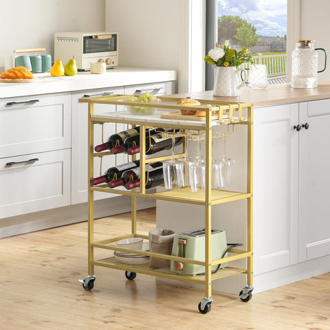 Mahancris bar cart with brakes on casters for secure placement.