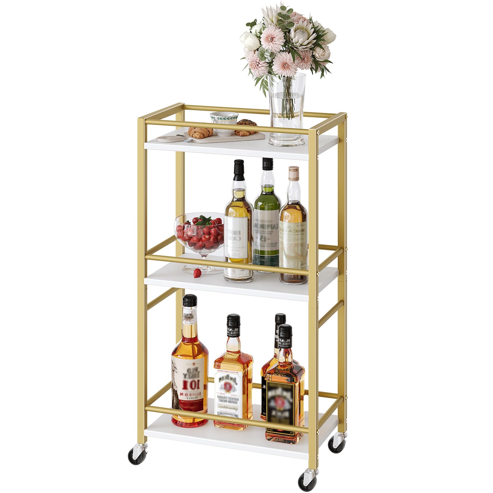 MAHANCRIS bar cart on display with bottles and accessories for entertaining