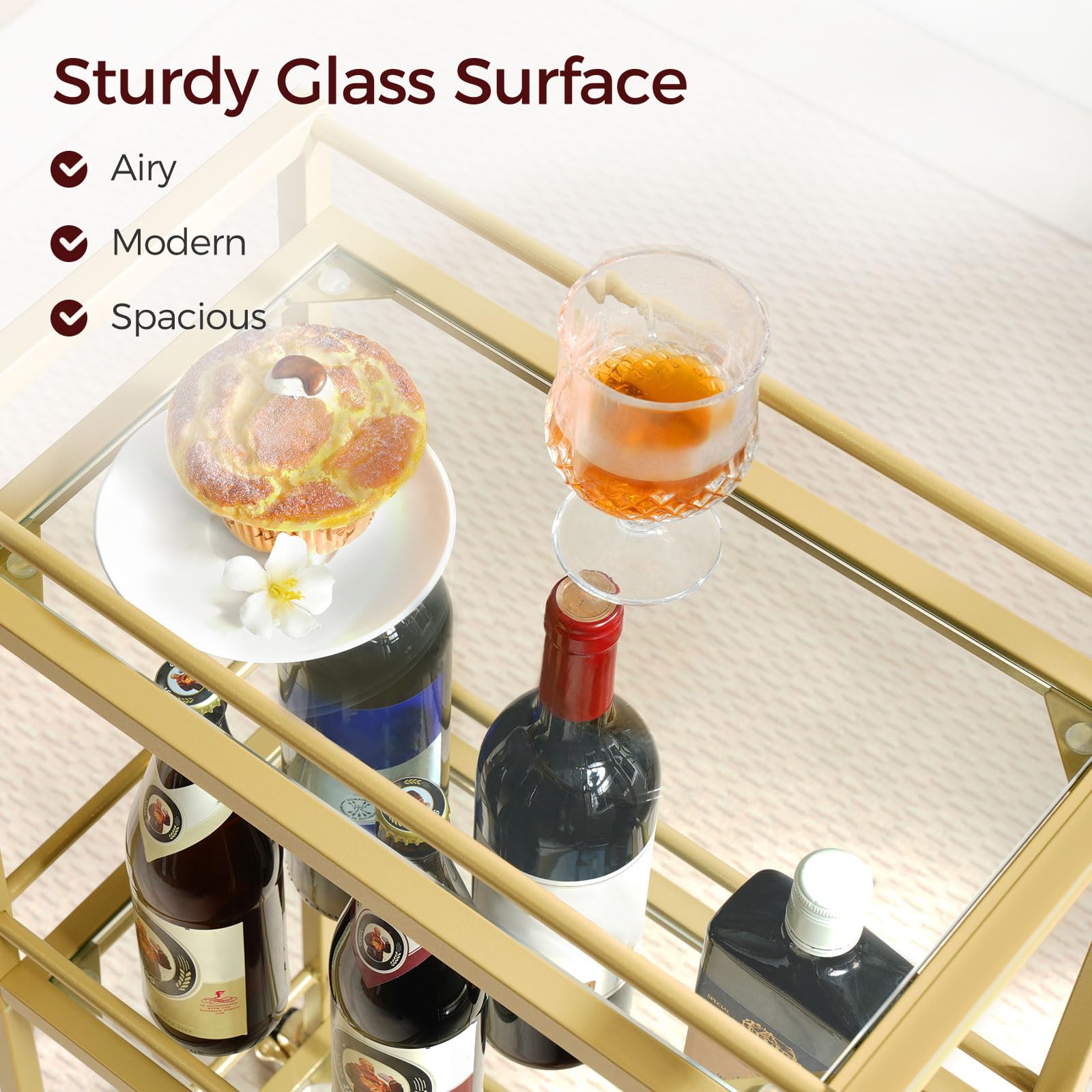 MAHANCRIS bar cart with locking wheels for secure placement.