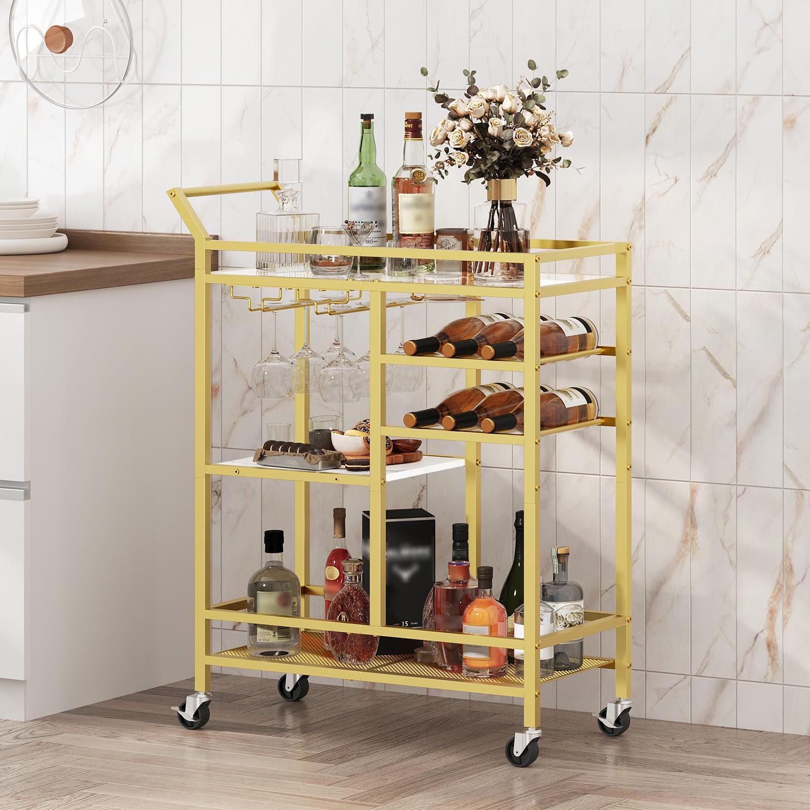 MAHANCRIS bar cart with open shelves for serving platters and utensils