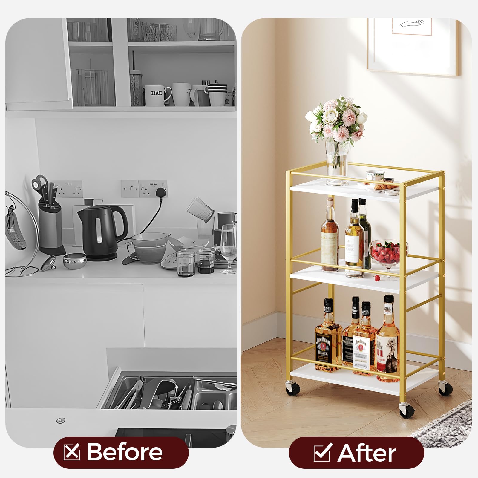 MAHANCRIS bar cart tucked between cabinets demonstrating space-saving design