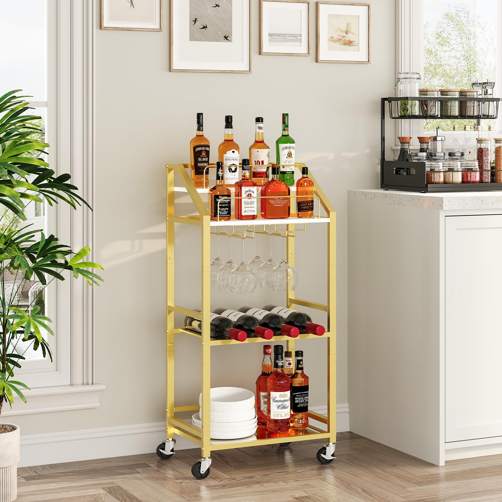 MAHANCRIS bar cart with 360-degree wheels for easy movement and placement