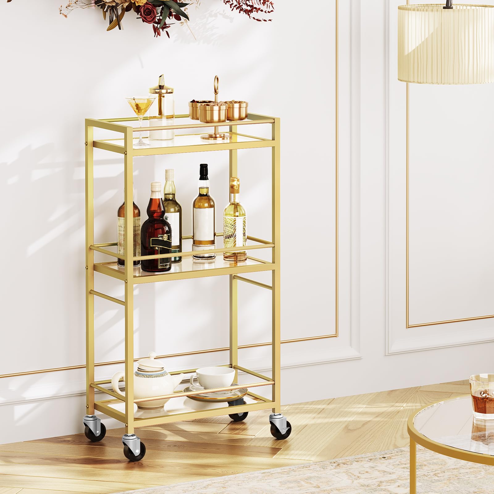MAHANCRIS bar cart on wheels for effortless mobility around the dining room.