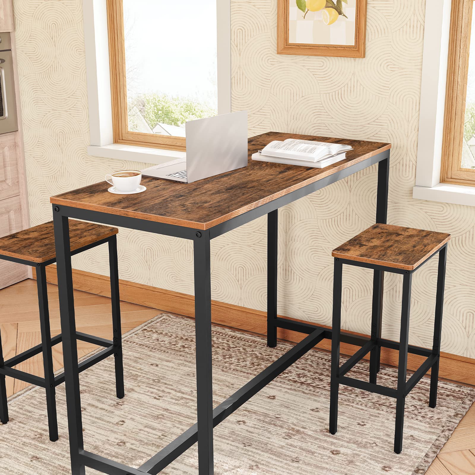 MAHANCRIS bar stools with adjustable feet stabilizing on uneven floors.