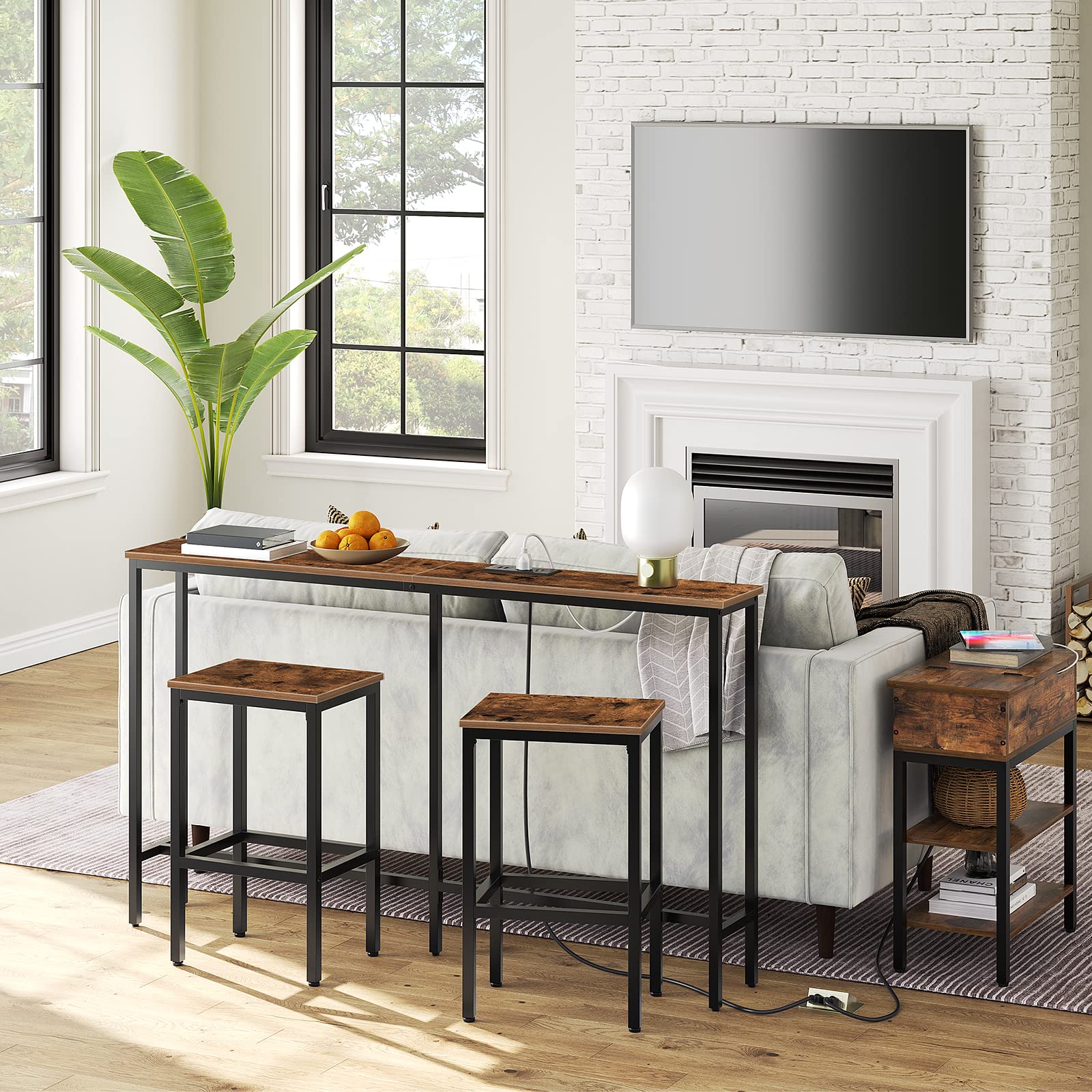 MAHANCRIS bar stools showing footrest and metal legs for stability.