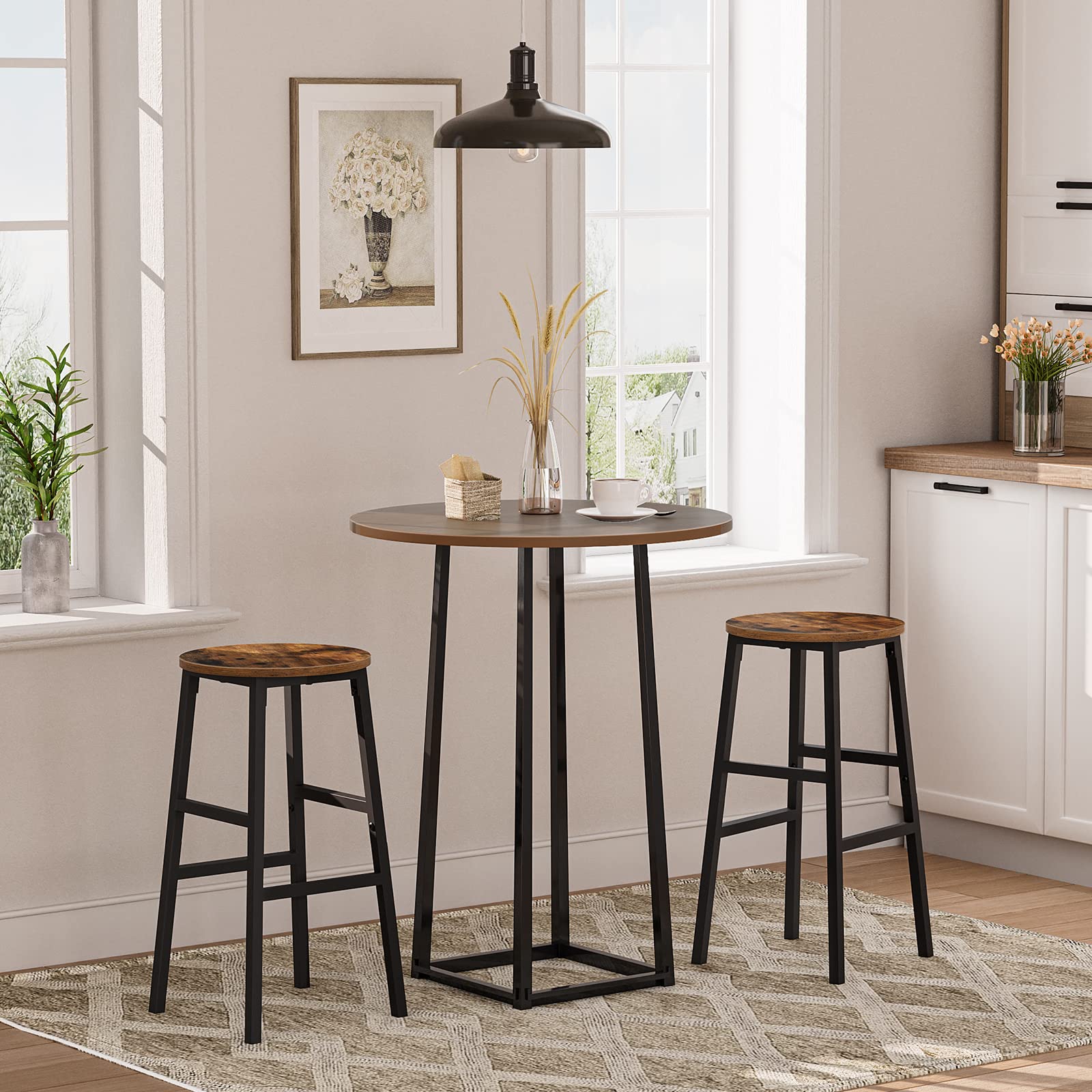 Rustic brown finish on MAHANCRIS stools adds warm industrial style to dining rooms.