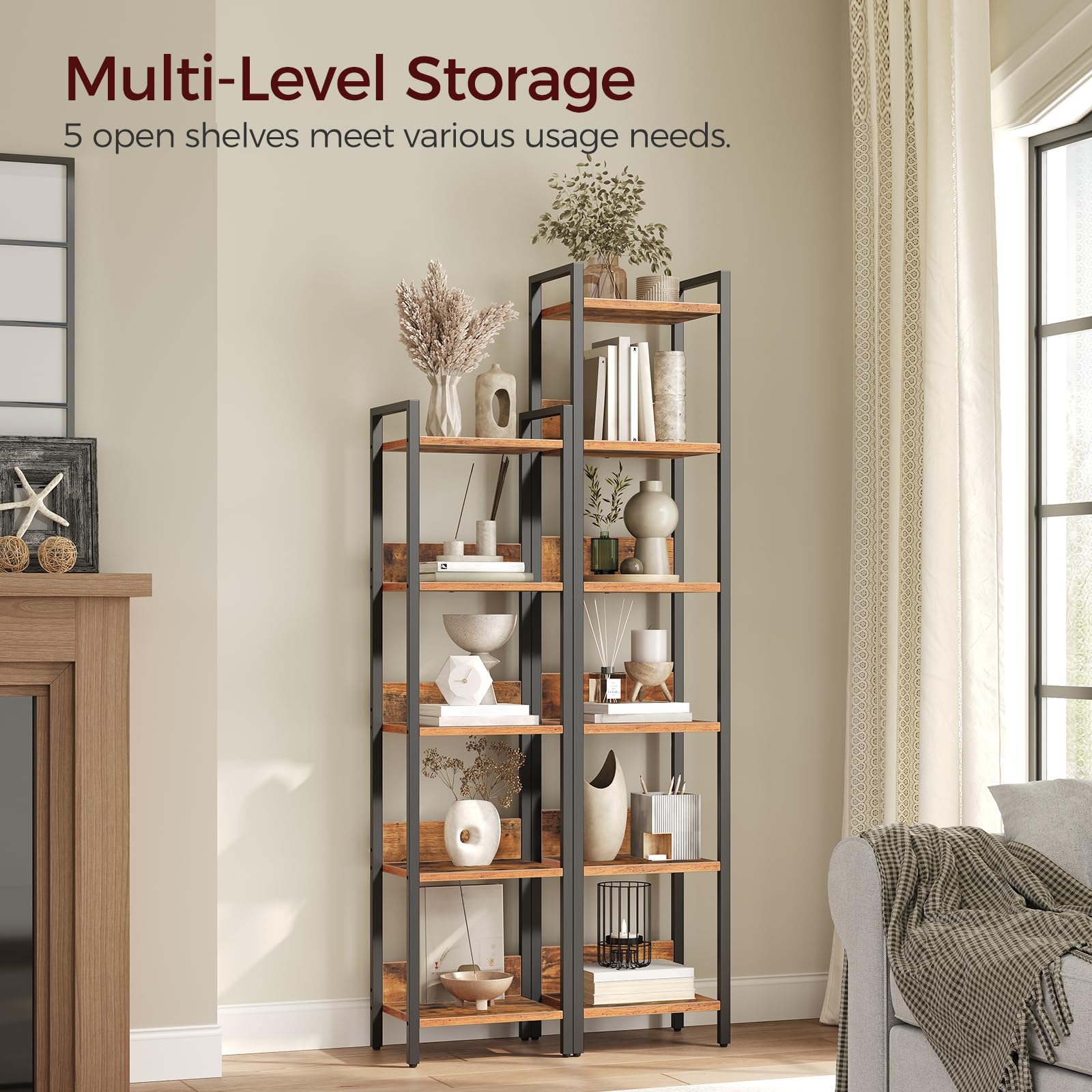 MAHANCRIS 5-tier bookshelf front view demonstrates sturdy frame and balanced design.