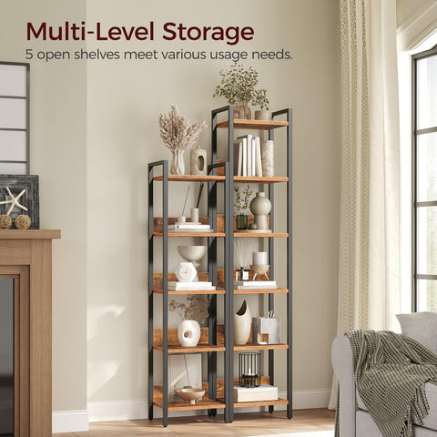MAHANCRIS 5-tier bookshelf front view demonstrates sturdy frame and balanced design.