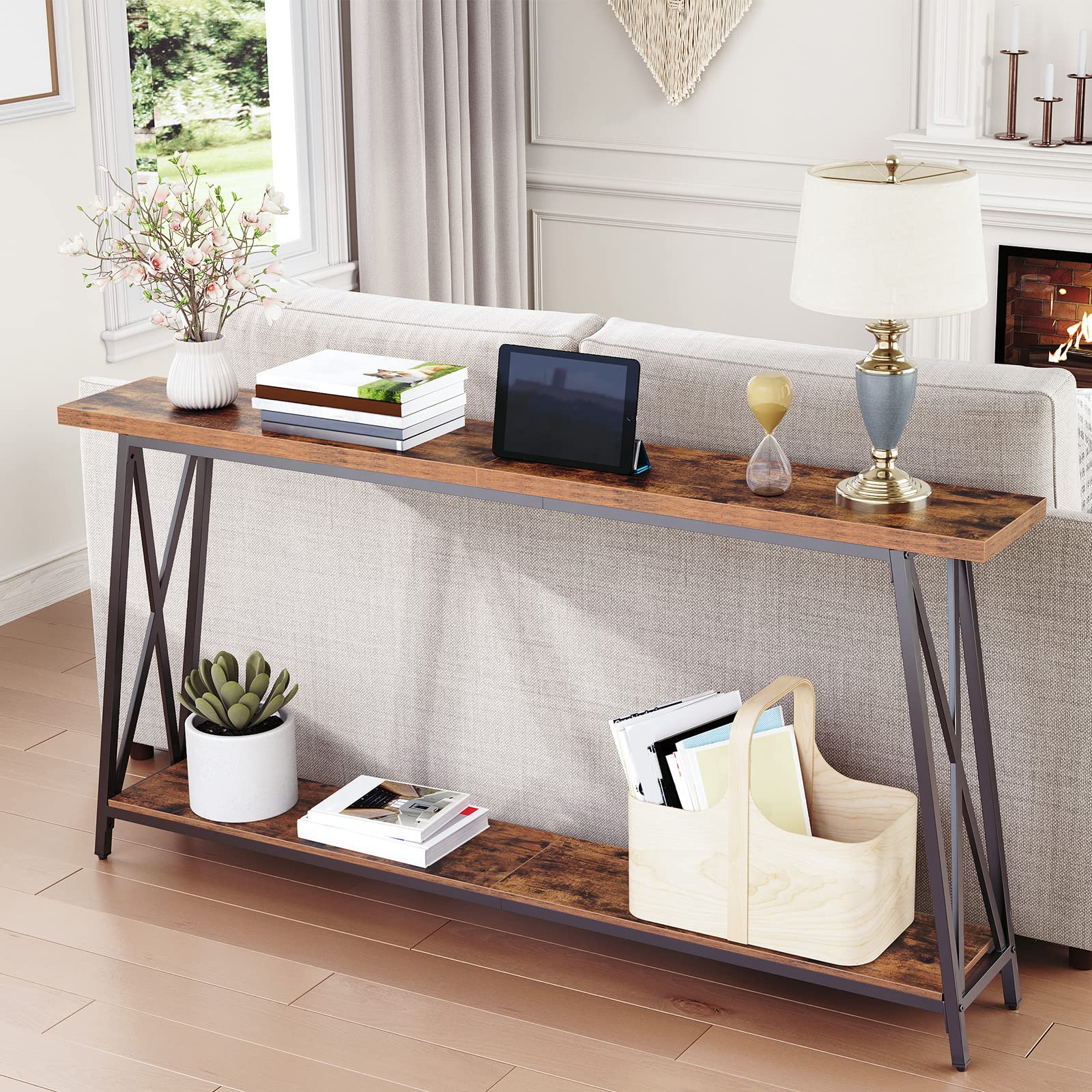 MAHANCRIS 63-inch console with cross iron pipes adds sturdy visual support.
