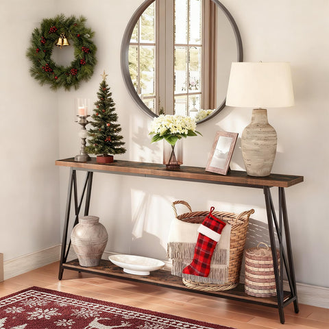 MAHANCRIS console table side view highlights slim profile for tight spaces.