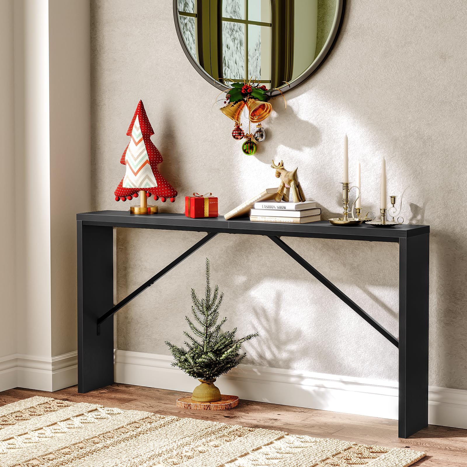 mahancris console table angled-metal-frame base demonstrates sturdy industrial style for a durable entryway.