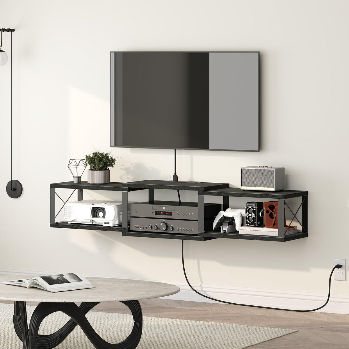 MAHANCRIS floating TV stand in living room with mounted TV, space-saving storage.