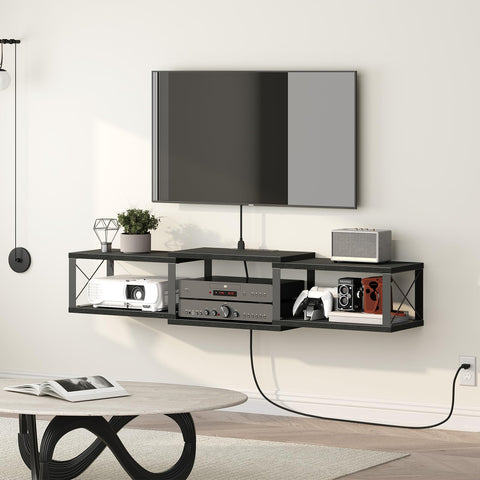 MAHANCRIS floating TV stand in living room with mounted TV, space-saving storage.