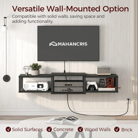 MAHANCRIS media center with open shelves for easy access to remotes and devices.