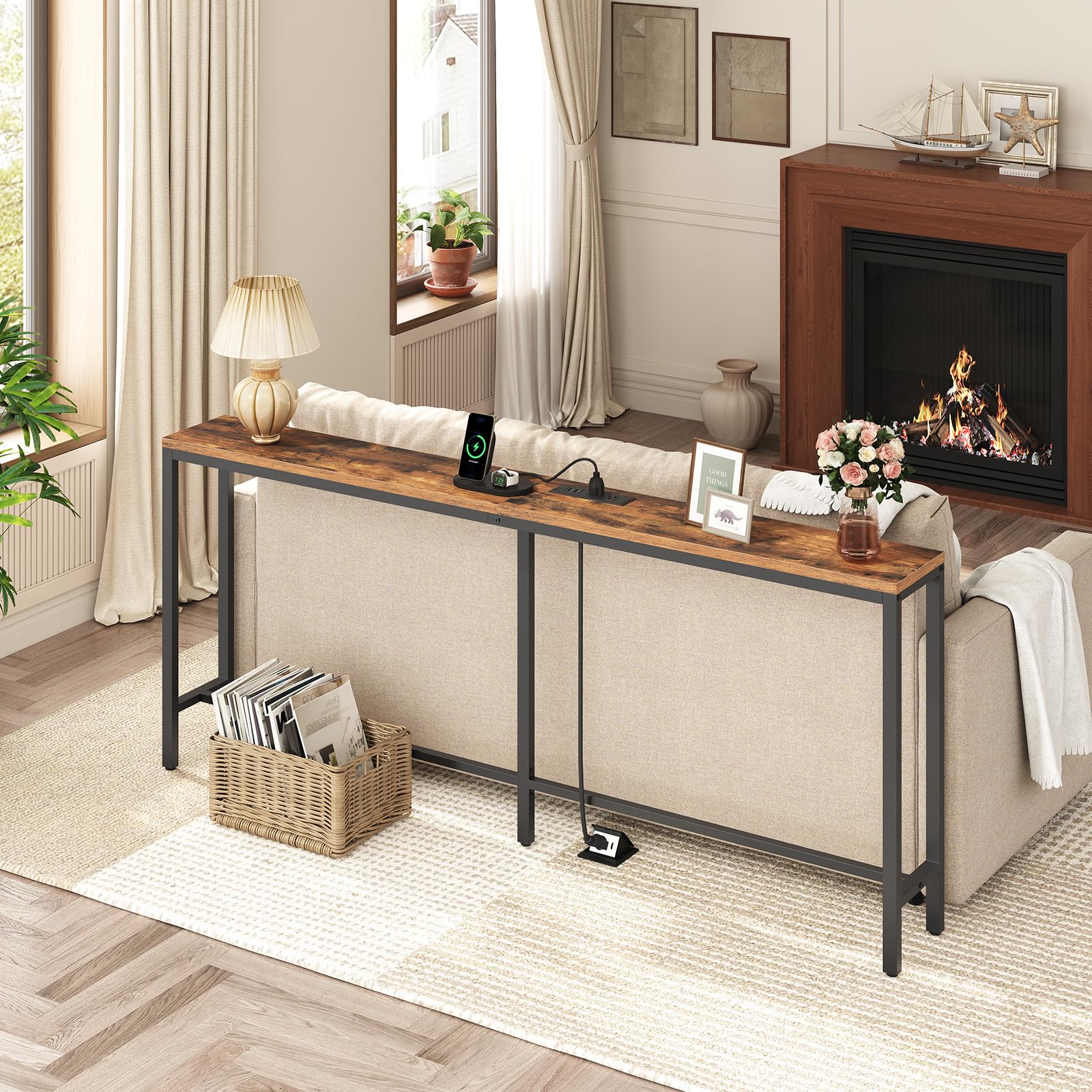 MAHANCRIS narrow sofa table showing rotating top design for flexible placement.