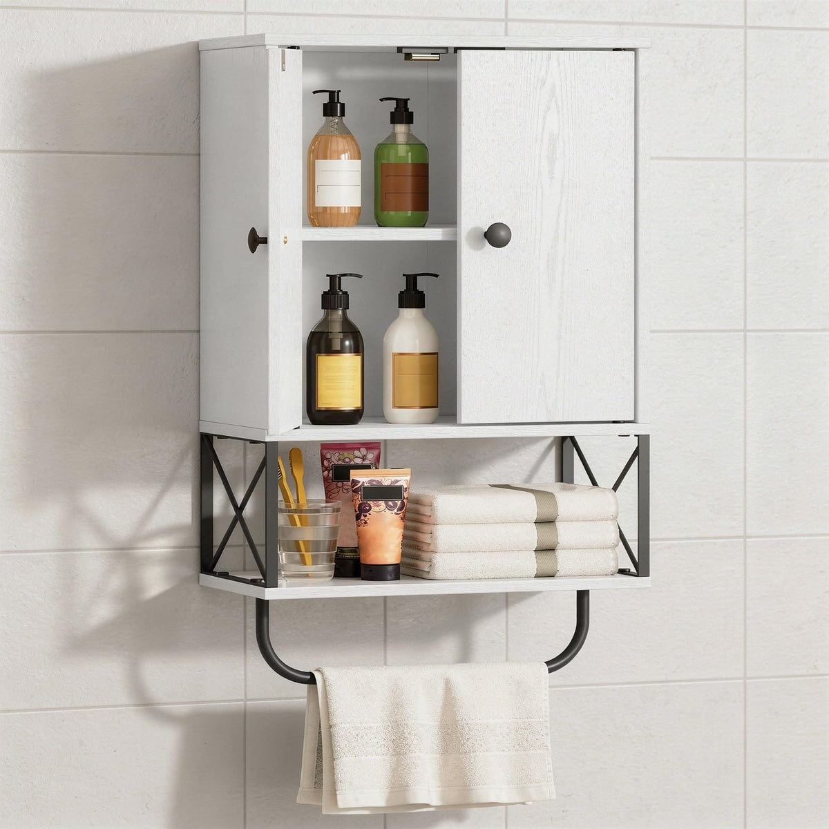 MAHANCRIS over-the-toilet cabinet with two doors for organized bathroom storage.